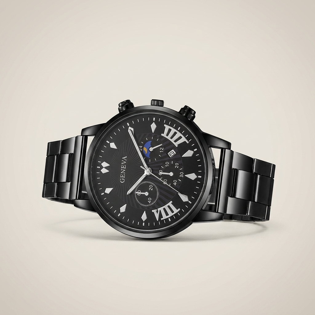 12 and 6 black dial Alloy Round Analog Digital Calendar Screw-Down Crown Steel Band Quartz Watch front view showing round case and steel bracelet