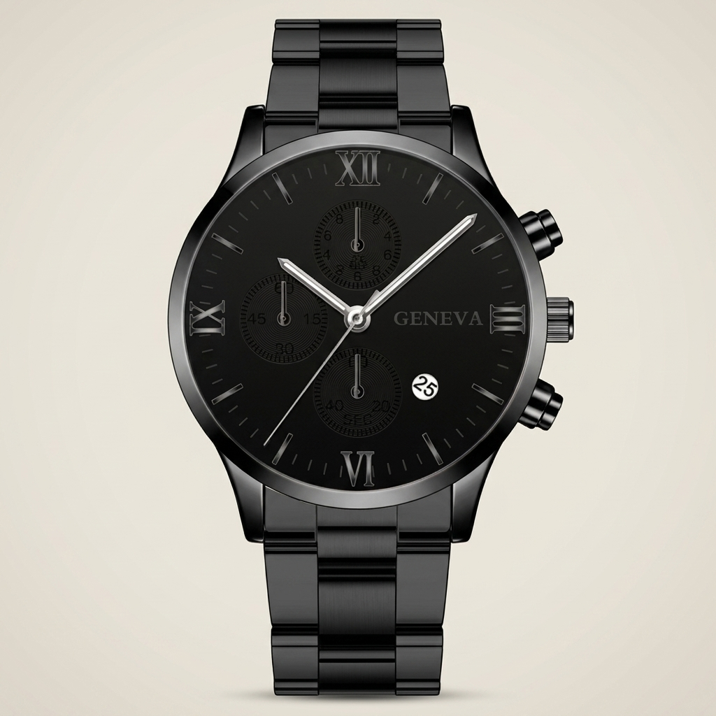 4 o'clock date black gold Alloy Round Analog Digital Calendar Screw-Down Crown Steel Band Quartz Watch three-quarter angle showing calendar window