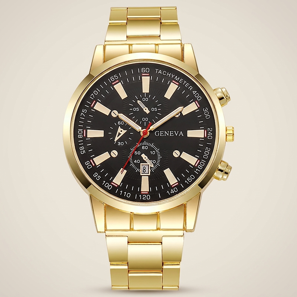 Black case black dial Alloy Round Analog Digital Calendar Screw-Down Crown Steel Band Quartz Watch top-down view showing round case and analog digital display