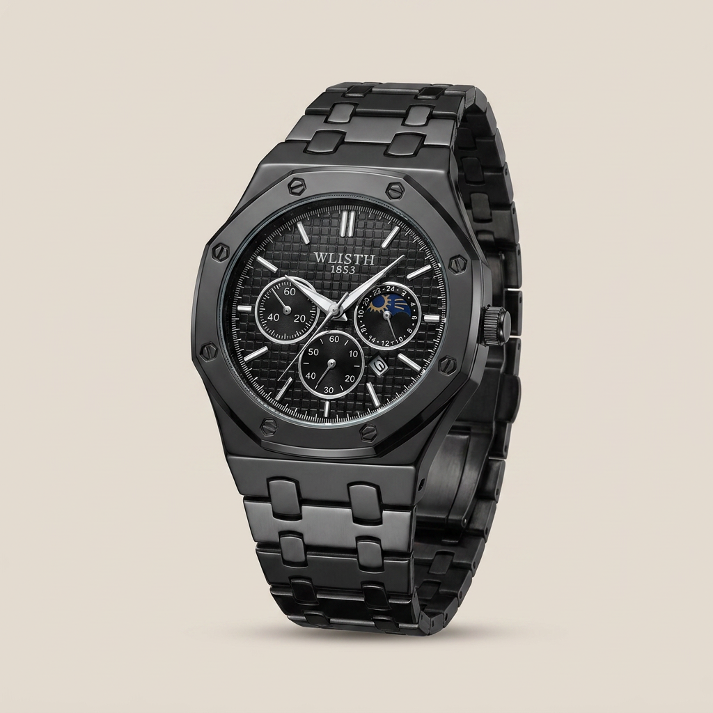 Black Alloy Round Glow-in-the-Dark Quartz Waterproof Analog Calendar Watch front view showing mineral glass and screw-down crown