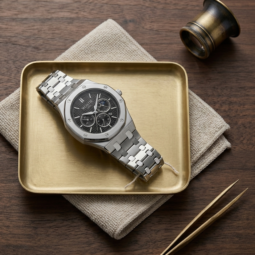 Silver blue Alloy Round Glow-in-the-Dark Quartz Waterproof Analog Calendar Watch close-up lifestyle shot on watchmaker bench with brass tools