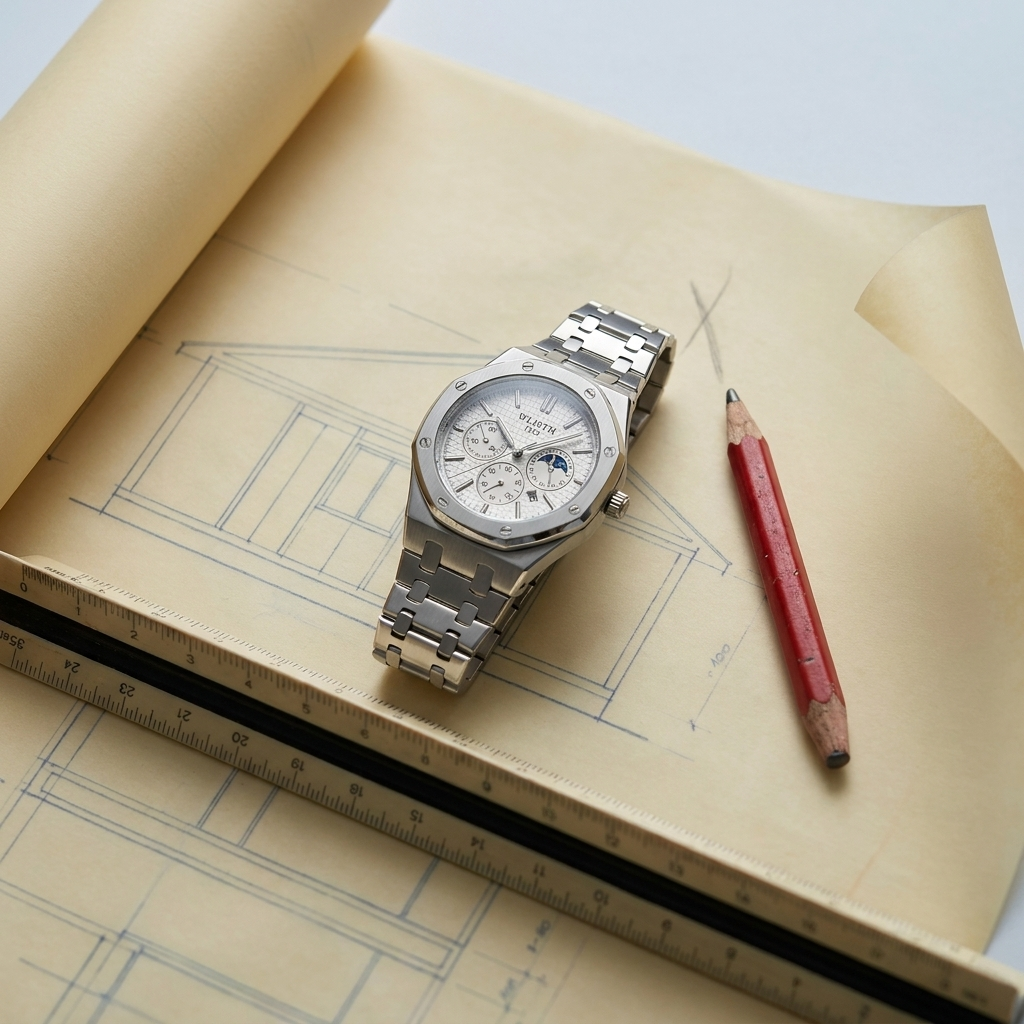 White silver Alloy Round Glow-in-the-Dark Quartz Waterproof Analog Calendar Watch top-down lifestyle view near architect parchment roll with natural light