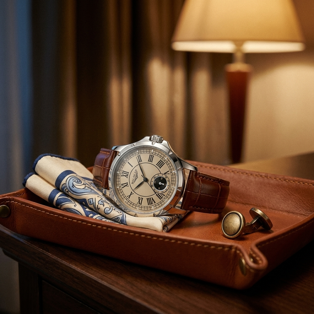 Alloy round high-strength mineral glass quartz analog men’s watch with leather strap side profile on travel leather valet tray with soft light