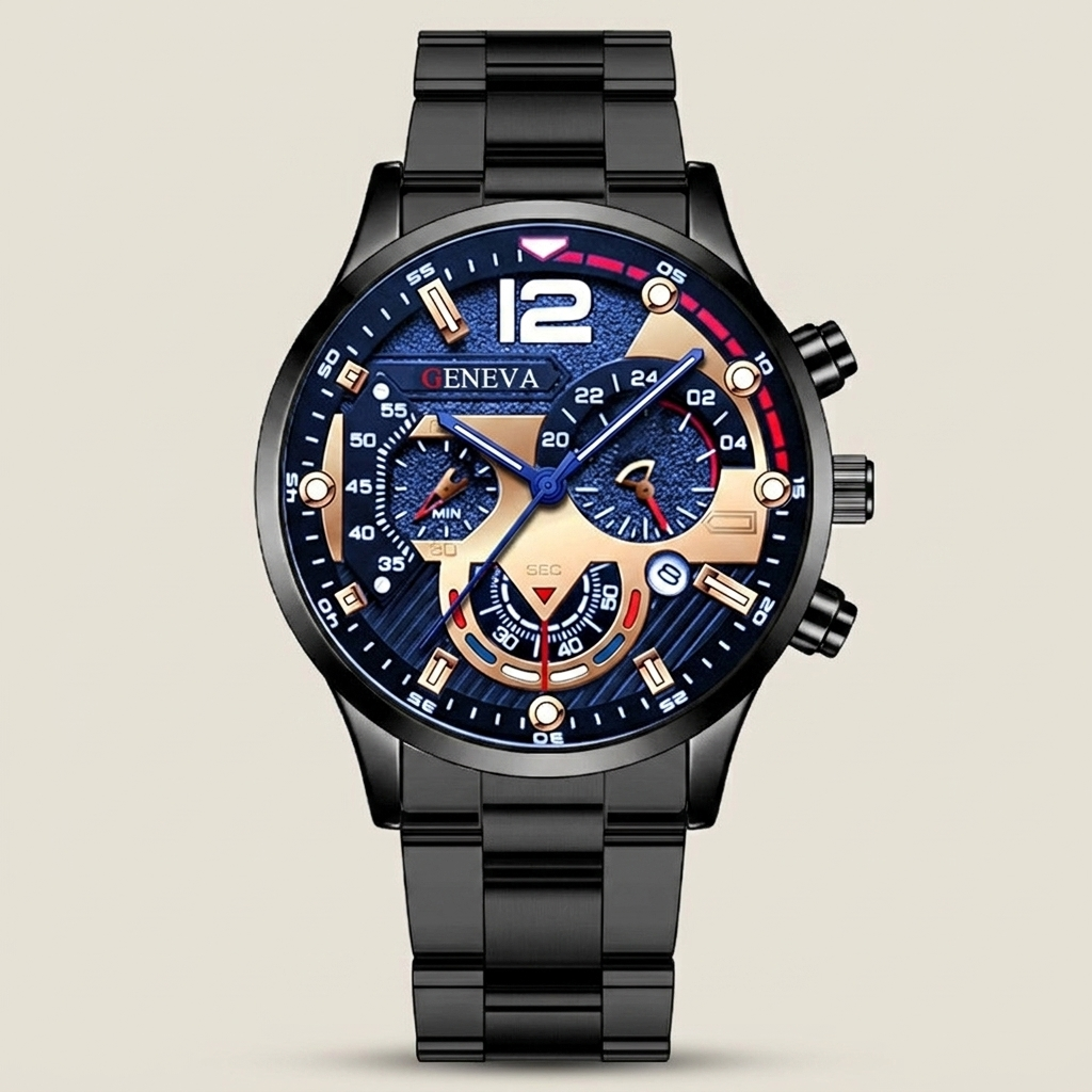 Black and blue Alloy Round Luminous Hands Calendar Quartz Metal Strap Casual Men's Watch side profile lit showing analog and digital display