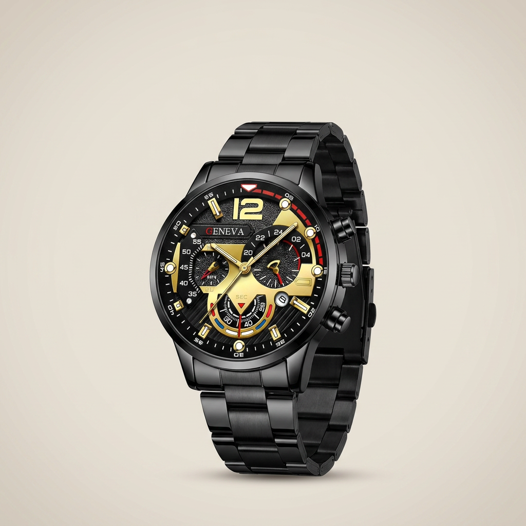 Black and gold Alloy Round Luminous Hands Calendar Quartz Metal Strap Casual Men's Watch top-down lit showing analog and digital display