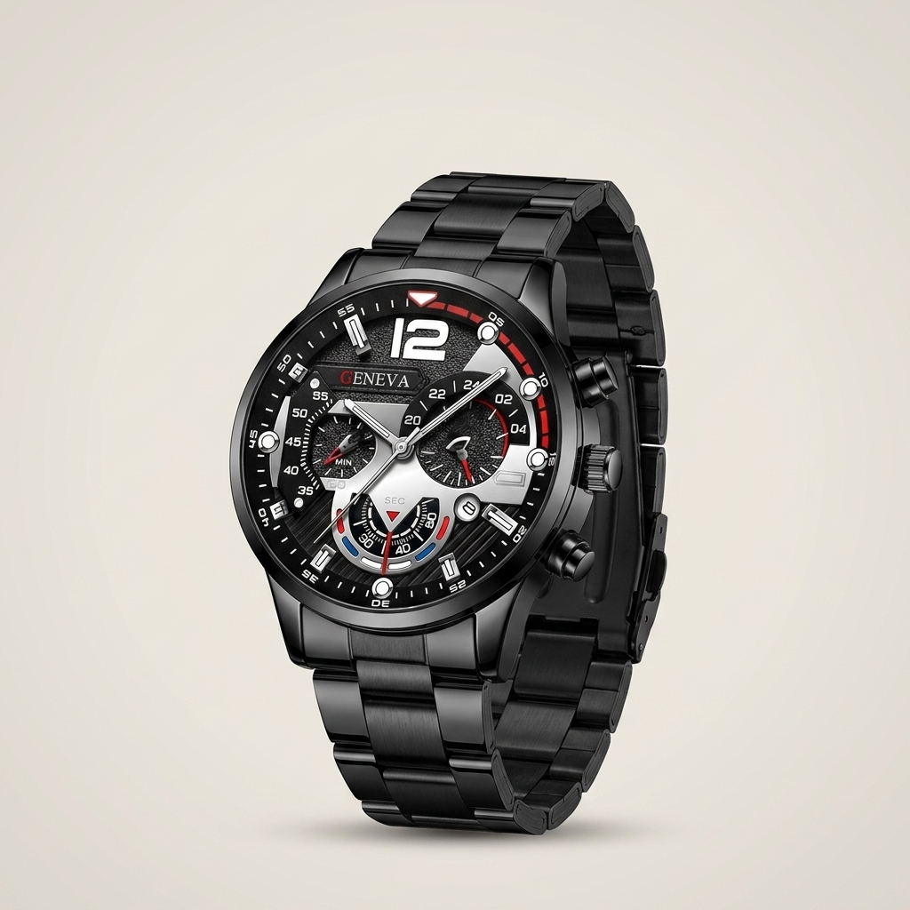 Black and silver Alloy Round Luminous Hands Calendar Quartz Metal Strap Casual Men's Watch three-quarter lit with analog and digital display