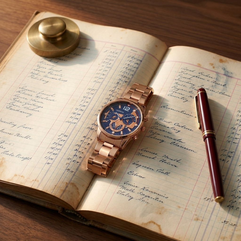 Detail shot of gold Alloy Round Luminous Hands Calendar Quartz Metal Strap Casual Men's Watch lit near open ledger and fountain pen
