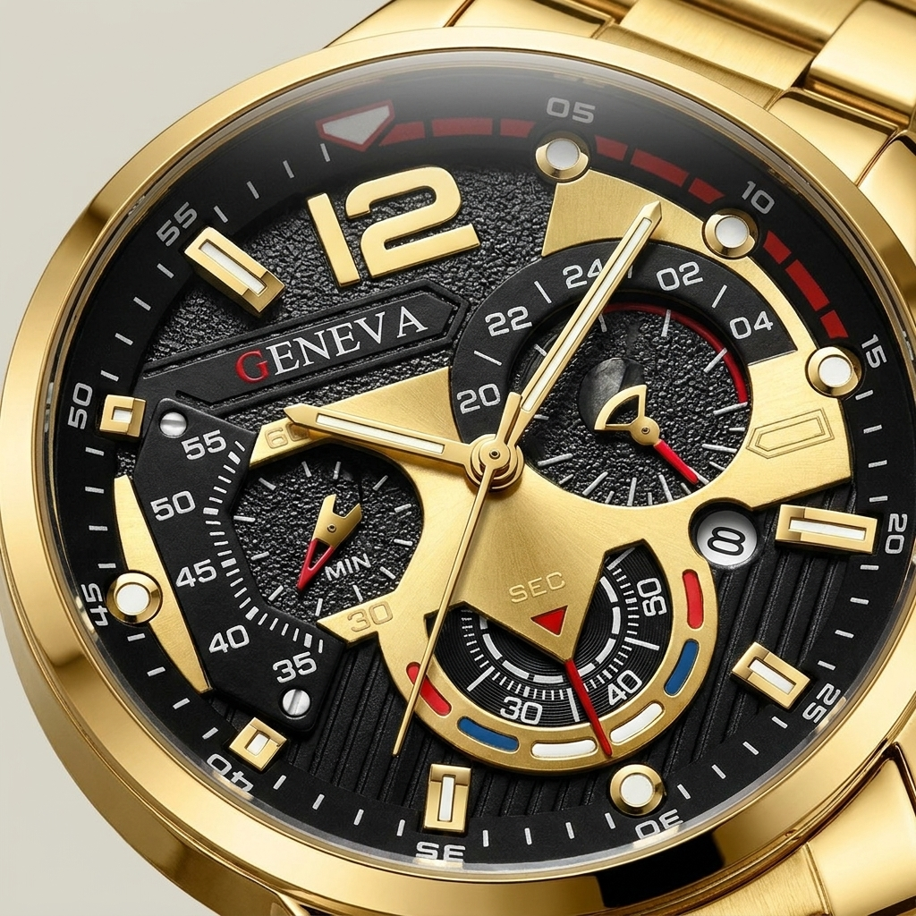 Front detail shot of gold Alloy Round Luminous Hands Calendar Quartz Metal Strap Casual Men's Watch lit showing analog and digital display