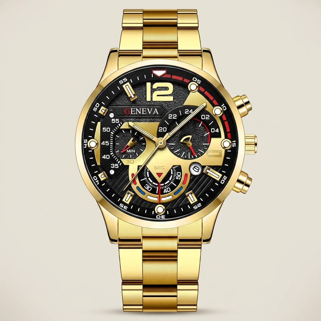 Gold Alloy Round Luminous Hands Calendar Quartz Metal Strap Casual Men's Watch shown front view lit with analog and digital display