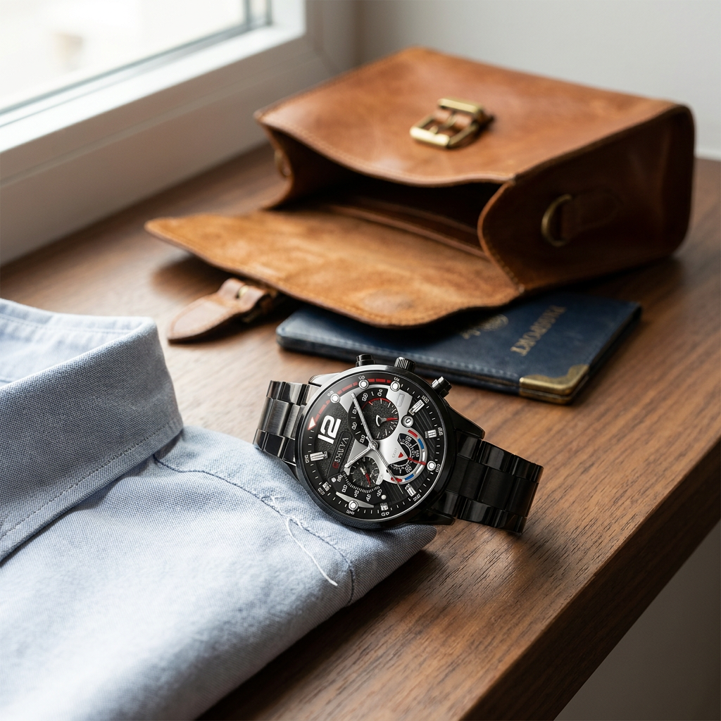 Gold Alloy Round Luminous Hands Calendar Quartz Metal Strap Casual Men's Watch top-down lit on travel valet dopp kit