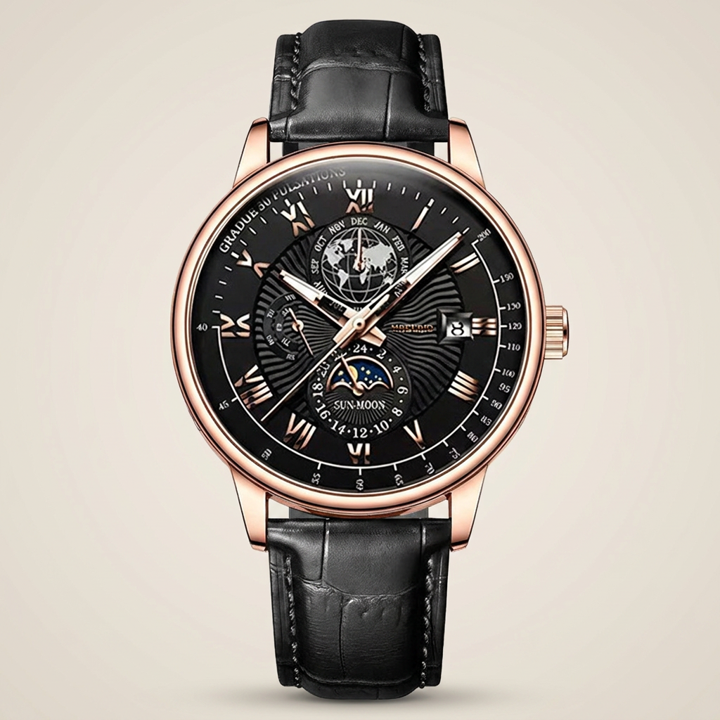 Close-up lit image of alloy round quartz calendar moon-phase watch with black dial, rose gold case, and black faux leather strap