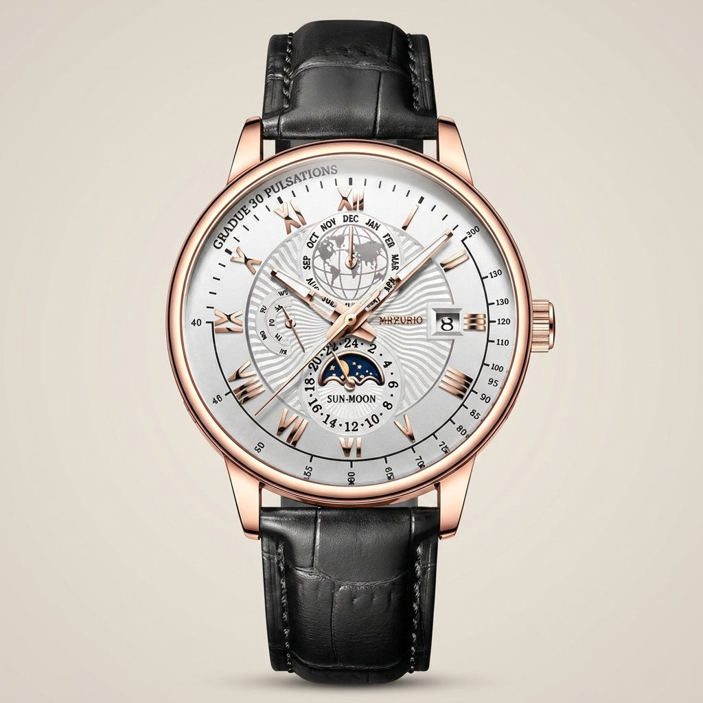 Detail shot lit of alloy round quartz calendar moon-phase watch showing white dial, rose gold case, and black faux leather strap