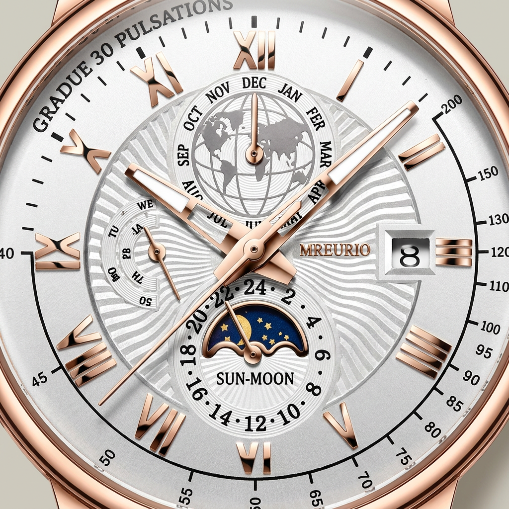 Front detail lit view of alloy round quartz calendar moon-phase watch featuring black dial, rose gold case, and brown faux leather strap