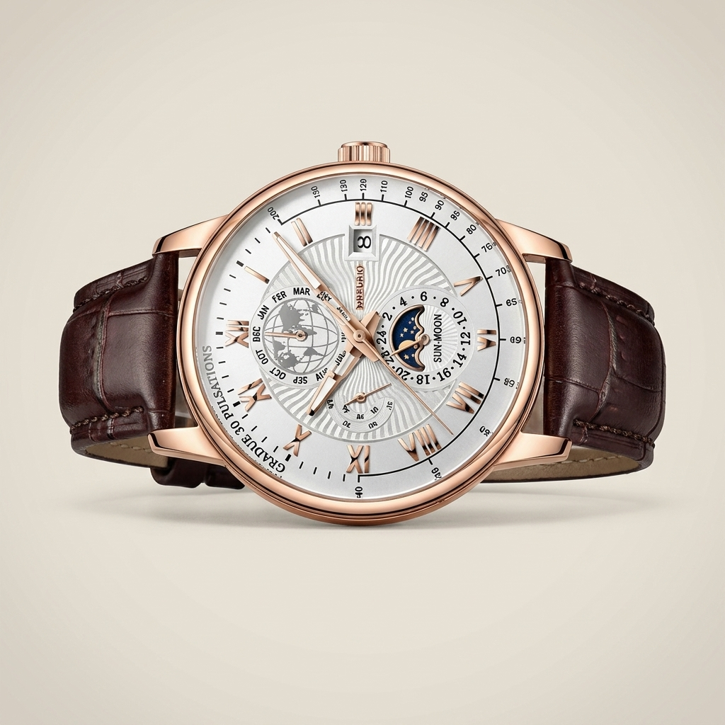 Alloy round quartz calendar moon-phase men's watch front view showing black dial with rose gold case and black faux leather strap