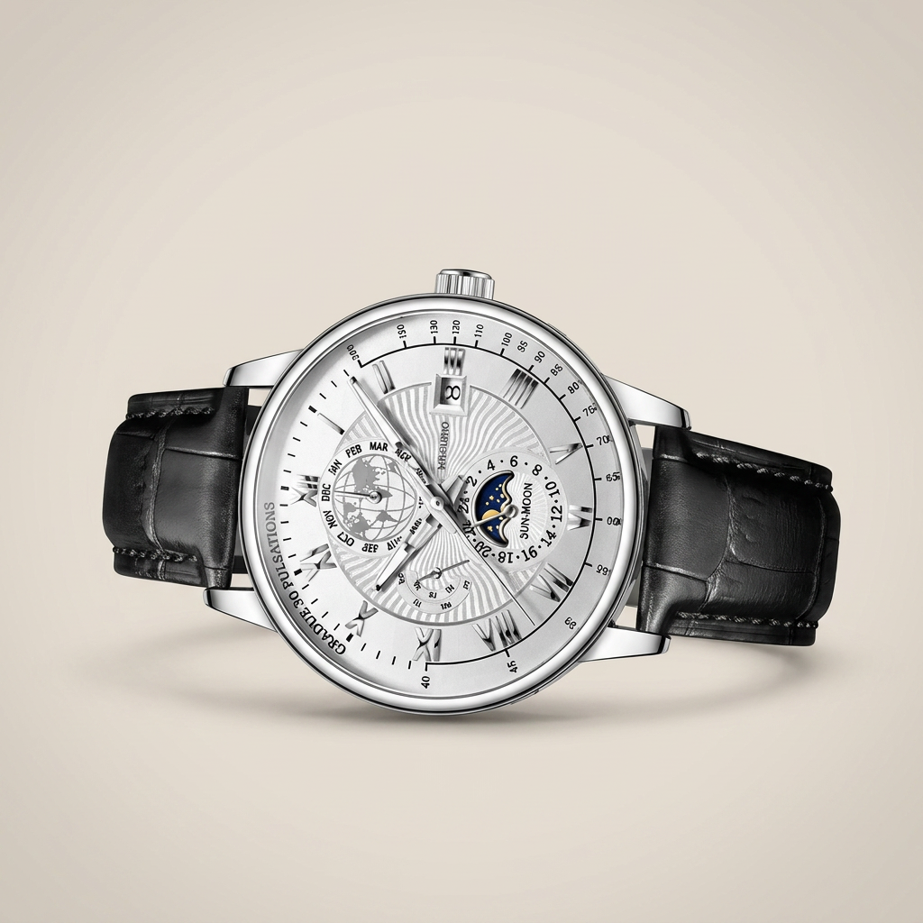 Side profile lit image of alloy round quartz calendar moon-phase watch with black dial, rose gold case, and brown faux leather strap