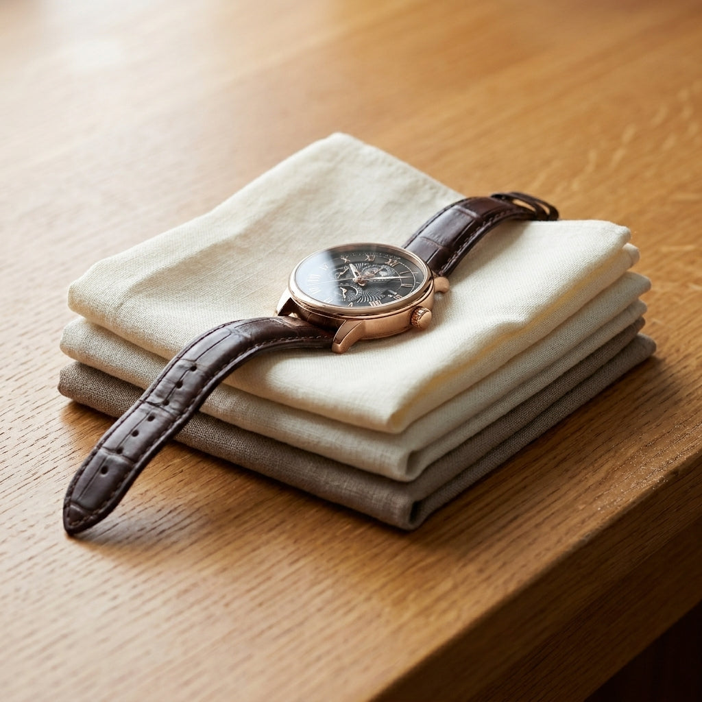 Side profile with cool white light of alloy round quartz calendar moon-phase watch featuring black strap and silver case near linen pocket square