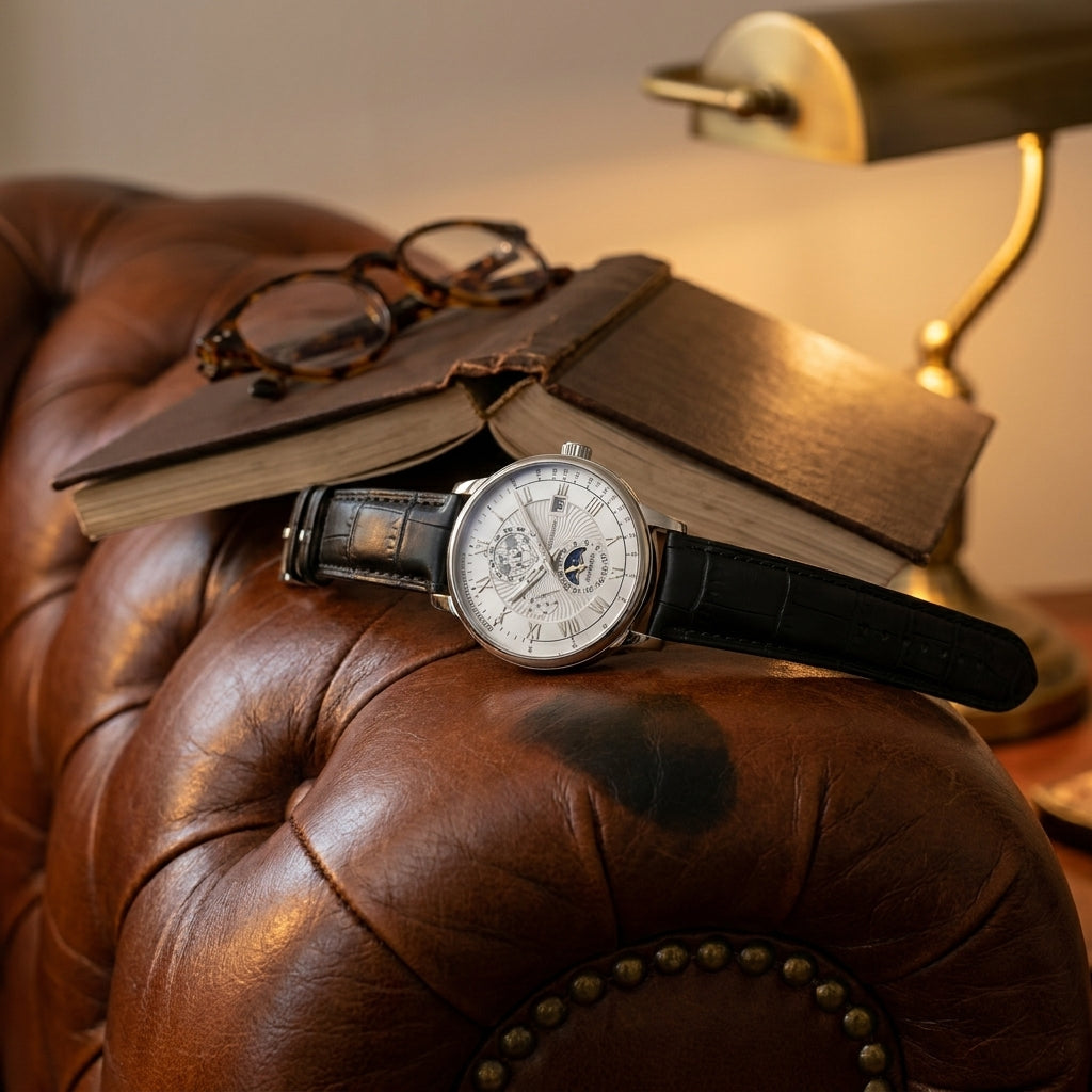 Top-down detailed lit shot of alloy round quartz calendar moon-phase watch with black strap and rose gold case on library armchair arm