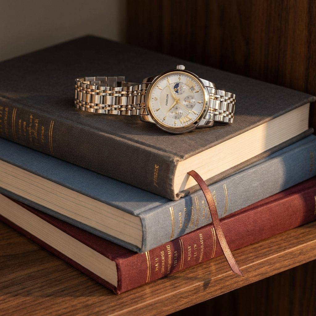 Lifestyle close-up of silver case and white dial Alloy Round Quartz watch stacked on cloth-bound books showing luminous hands