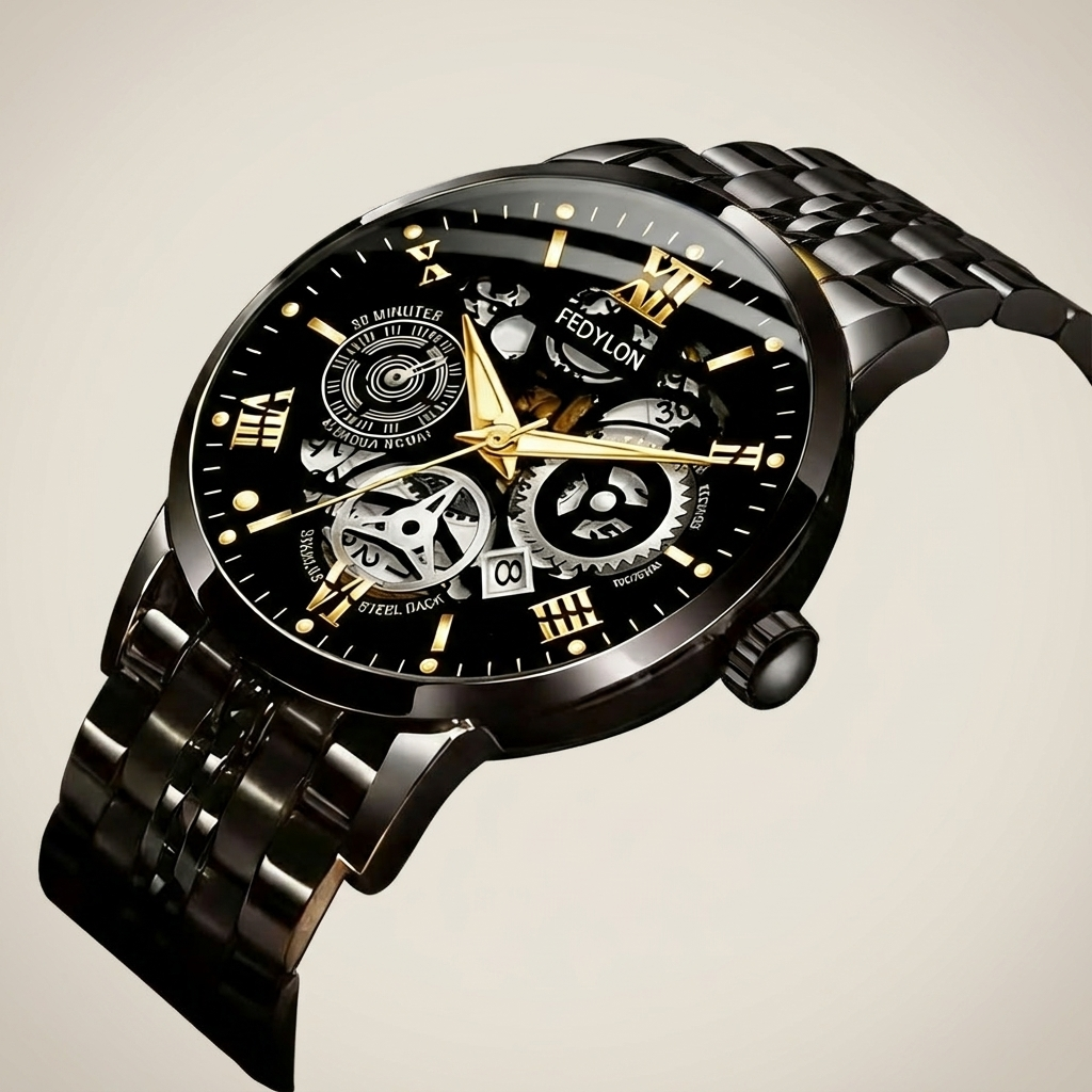 Close-up of two-tone gold and black dial Alloy Round Quartz watch highlighting luminous markers and skeleton mechanism