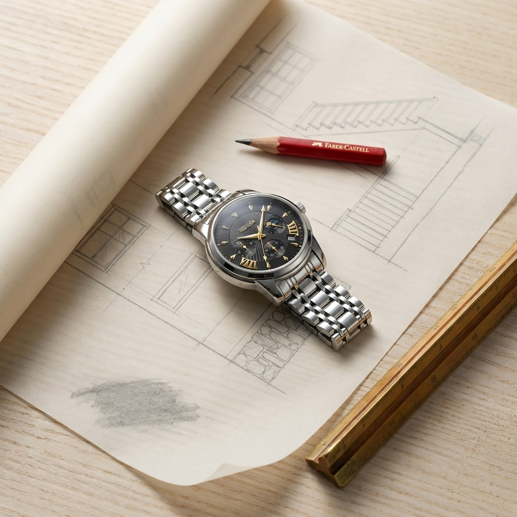 Lifestyle shot of two-tone gold and blue dial Alloy Round Quartz watch on architect desk with parchment paper background