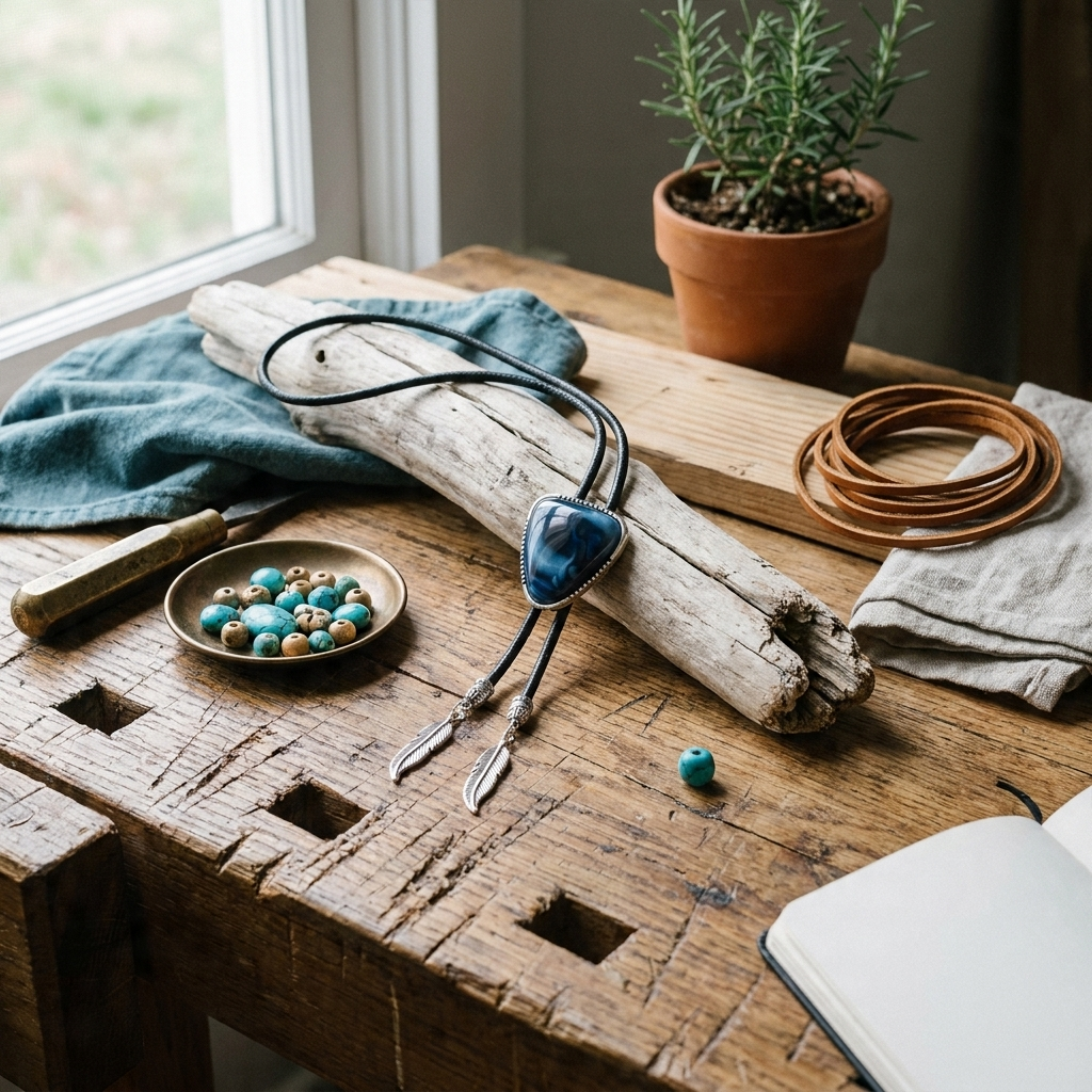 Blue triangle crystal inlay pendant necklace shown ambient room style on homey artisan bench with driftwood