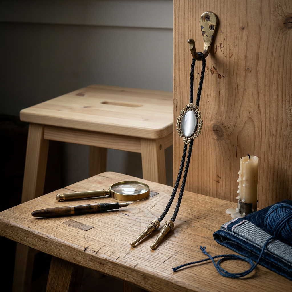 Front view of bolo tie necklace with antique bronze metal crown shown on saddlery bench in casual style scene
