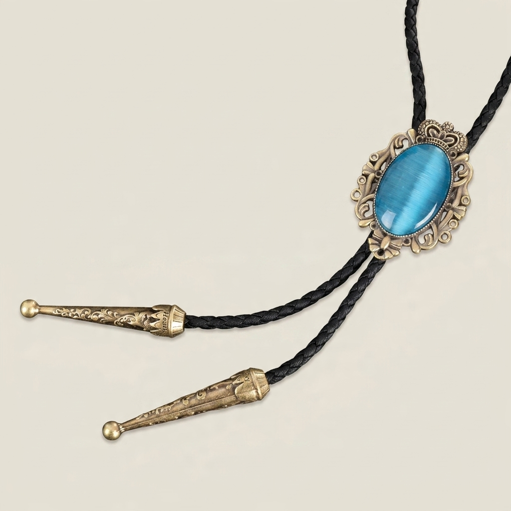 Side profile of bolo tie necklace showing black cat eye stone and antique bronze metal crown design