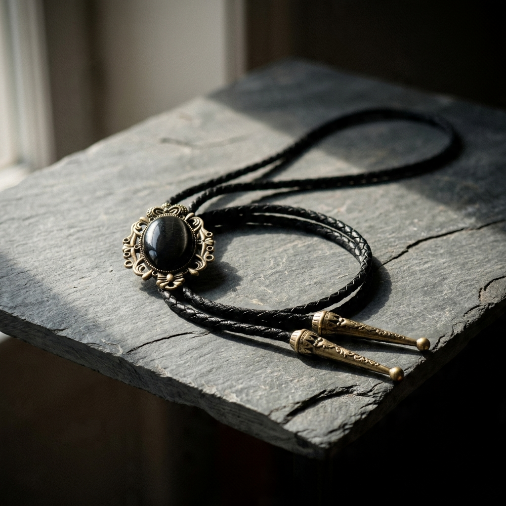 Three-quarter close-up of bolo tie necklace with blue cat eye stone set in antique bronze metal crown design
