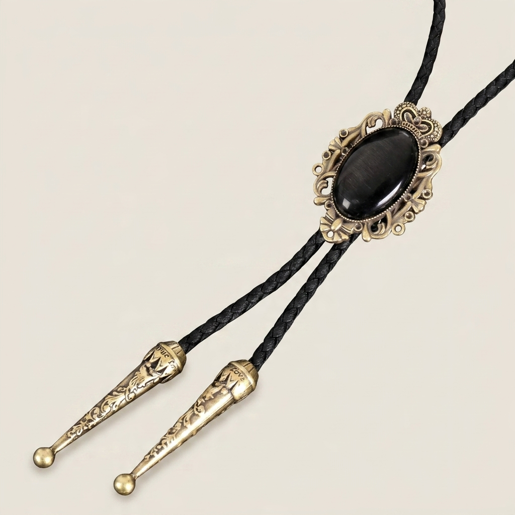 Three-quarter close-up of bolo tie necklace with white cat eye stone and antique bronze metal crown detail