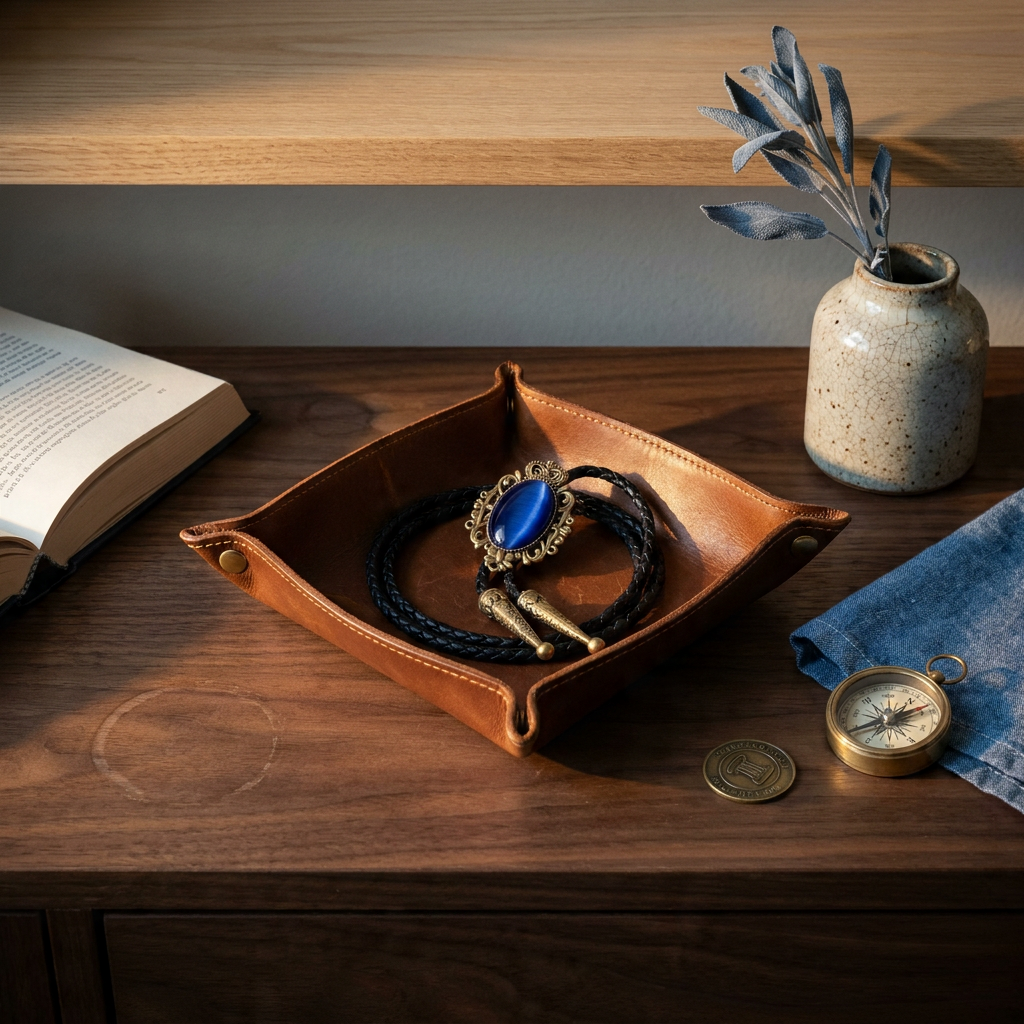 Three-quarter angle bolo tie necklace with antique bronze metal crown displayed on walnut console in vintage style setting