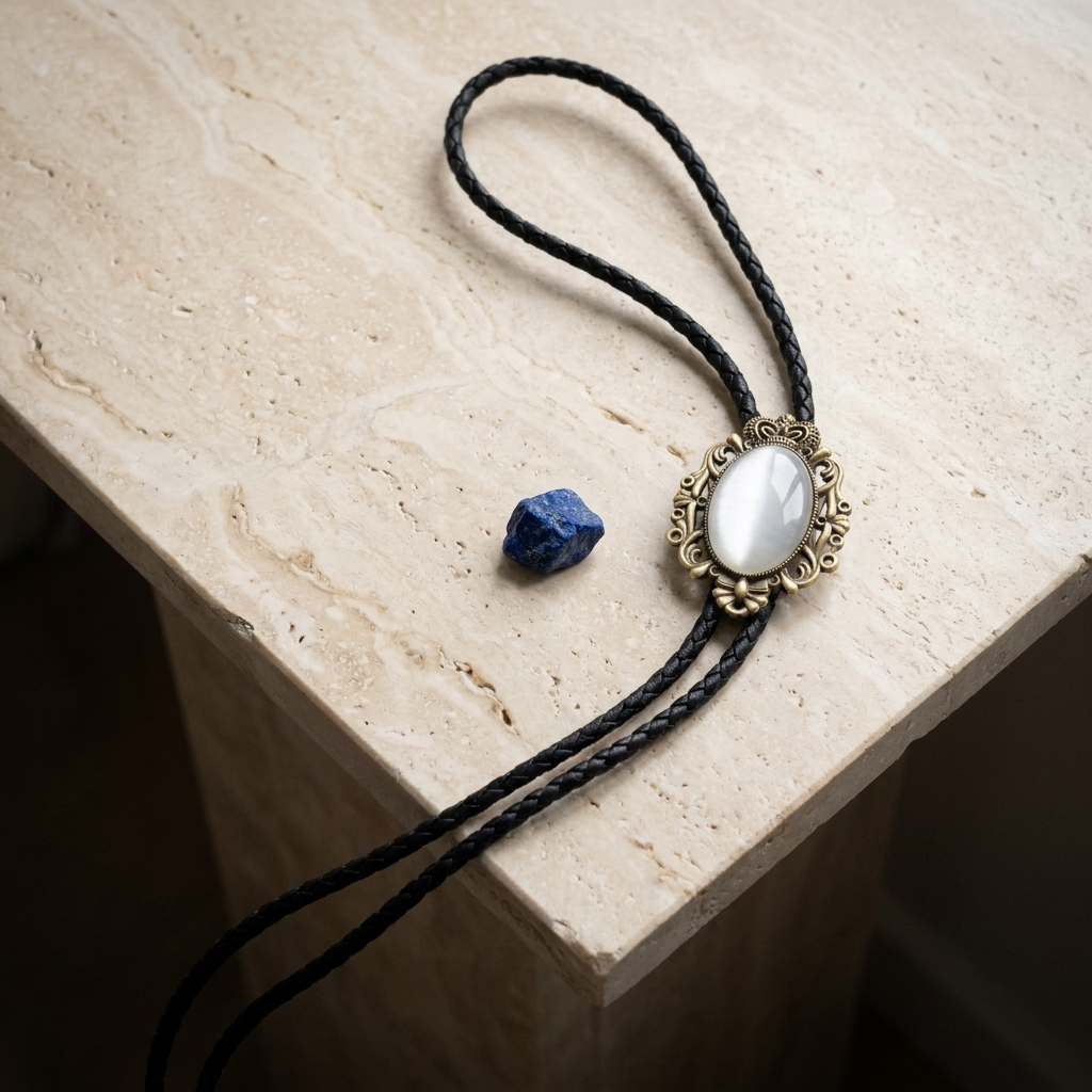 Top-down flat lay of antique bronze metal crown bolo tie necklace featuring black cat eye stone and antique bronze finish