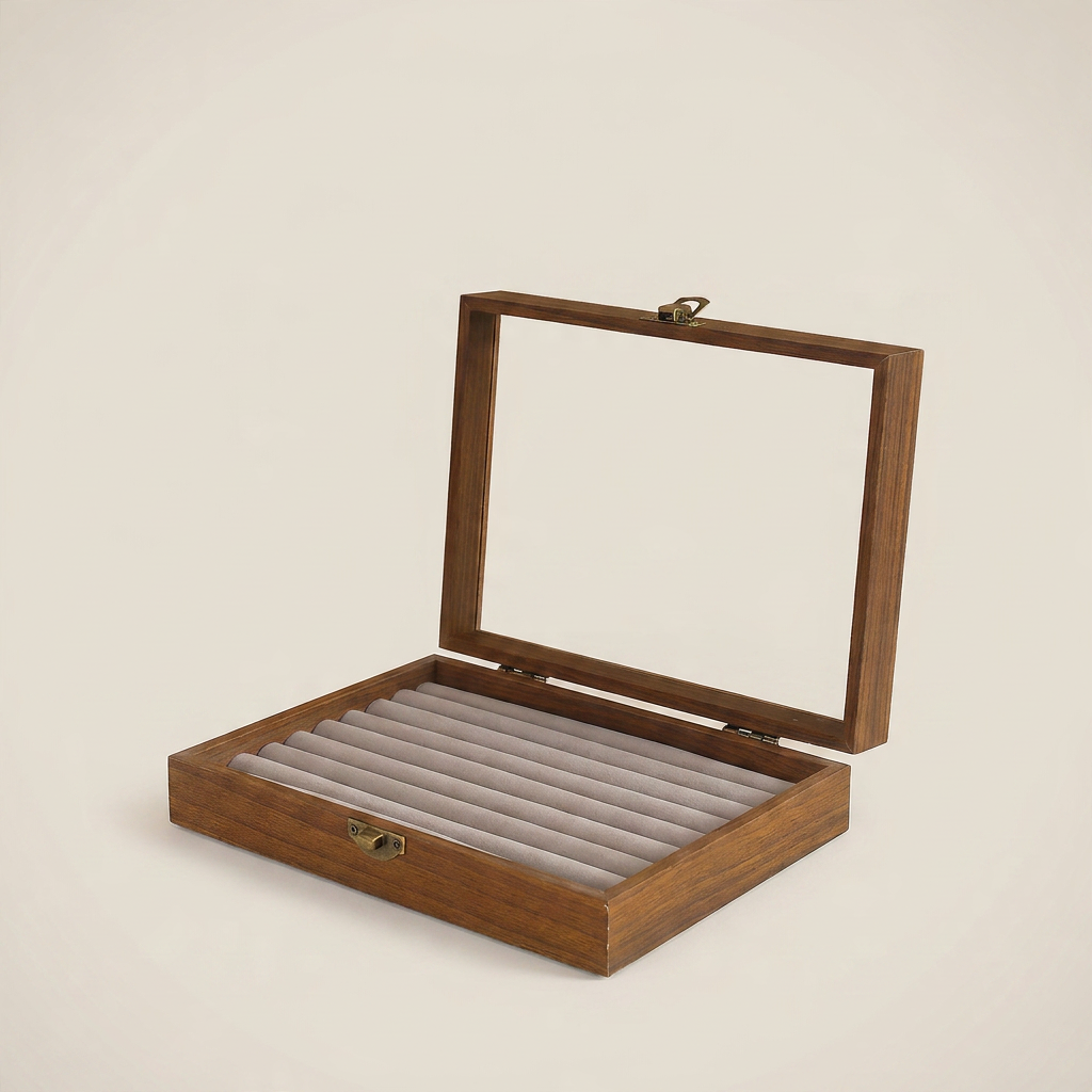Beige wood transparent window multi-compartment jewelry storage box shown front view with clear lid and beige wood finish