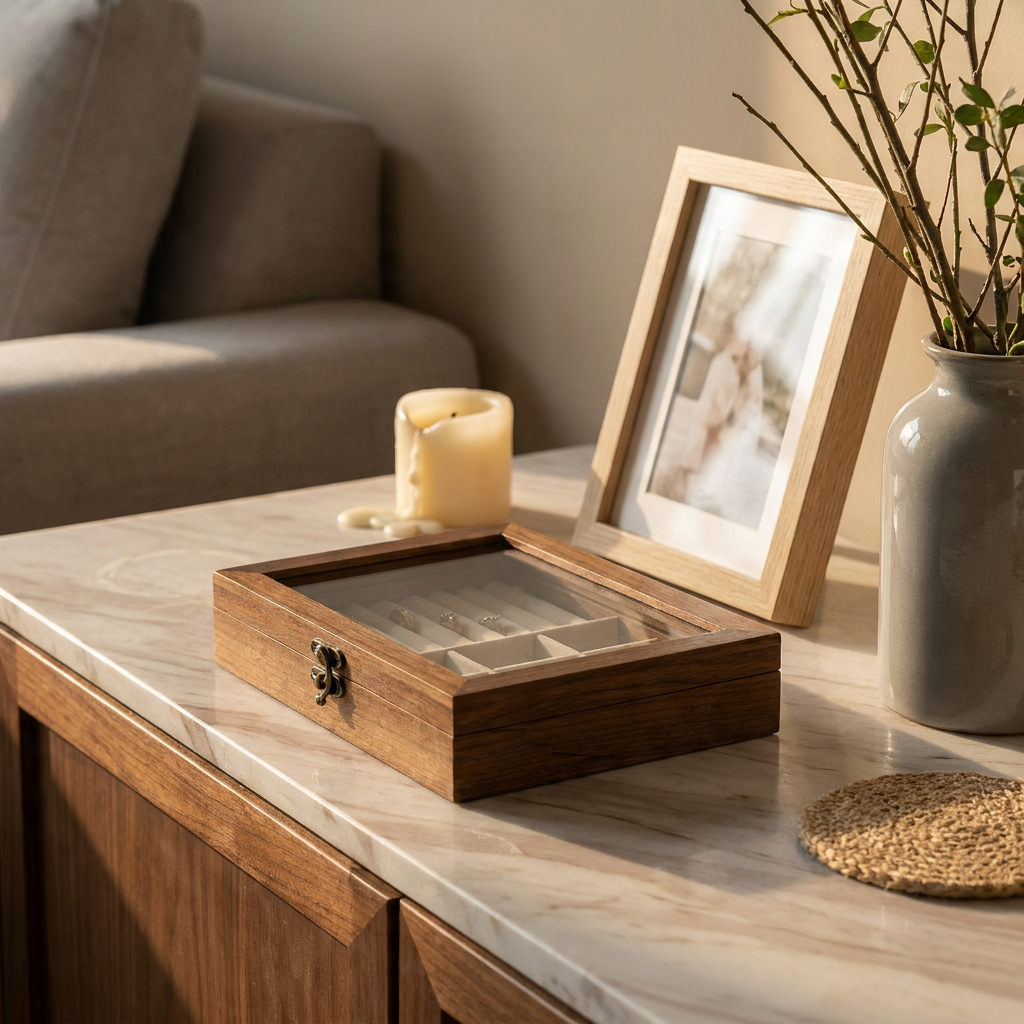 Beige wood transparent window jewelry storage box low angle on homey sideboard with beige wood finish