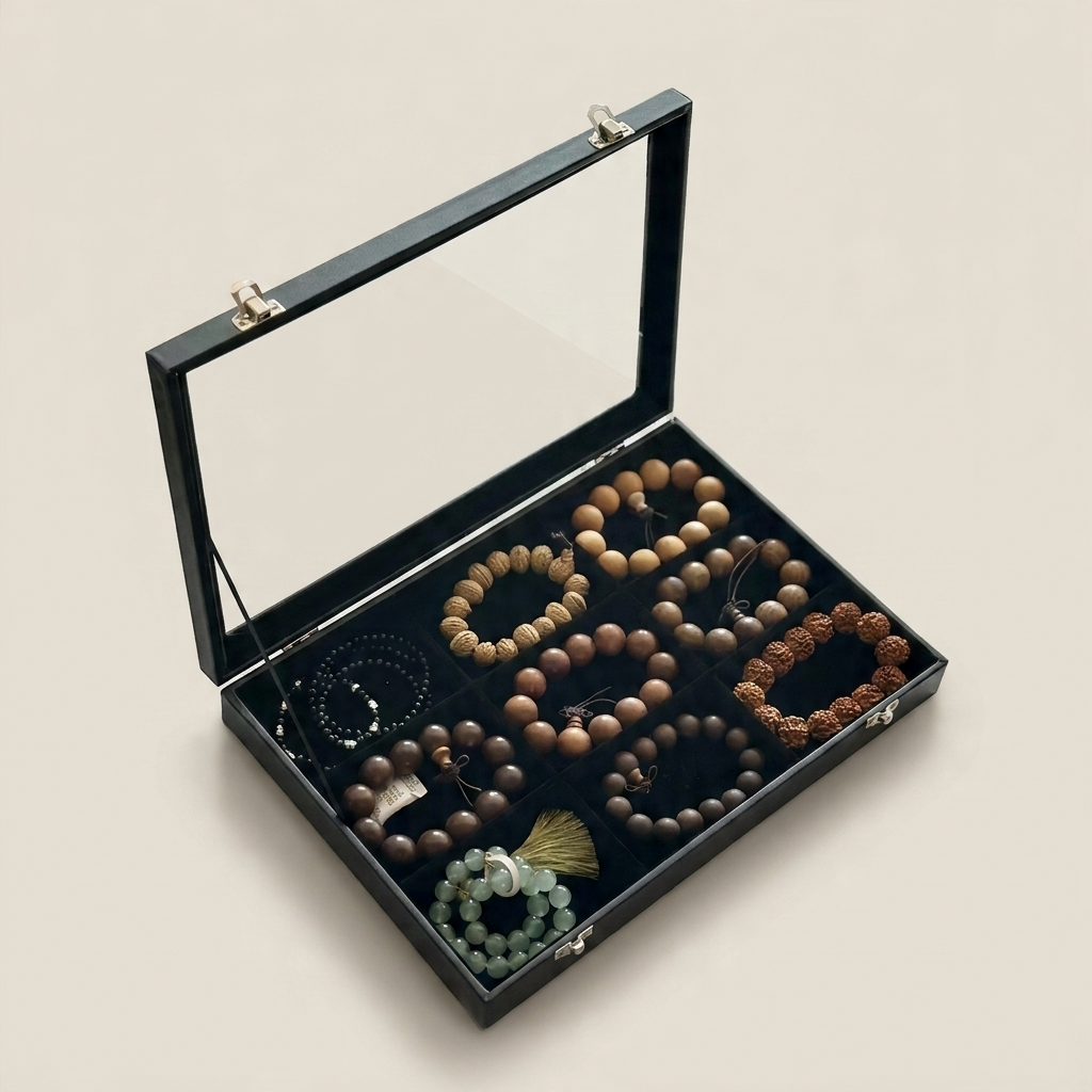 Detail shot of black PU leather jewelry box focusing on metal lock clasp, transparent glass top, and smooth refined edges
