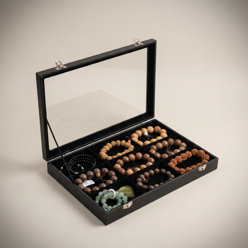 Black PU leather rectangular jewelry box with transparent glass top shown front view featuring solid black finish, smooth edges, and metal lock clasp