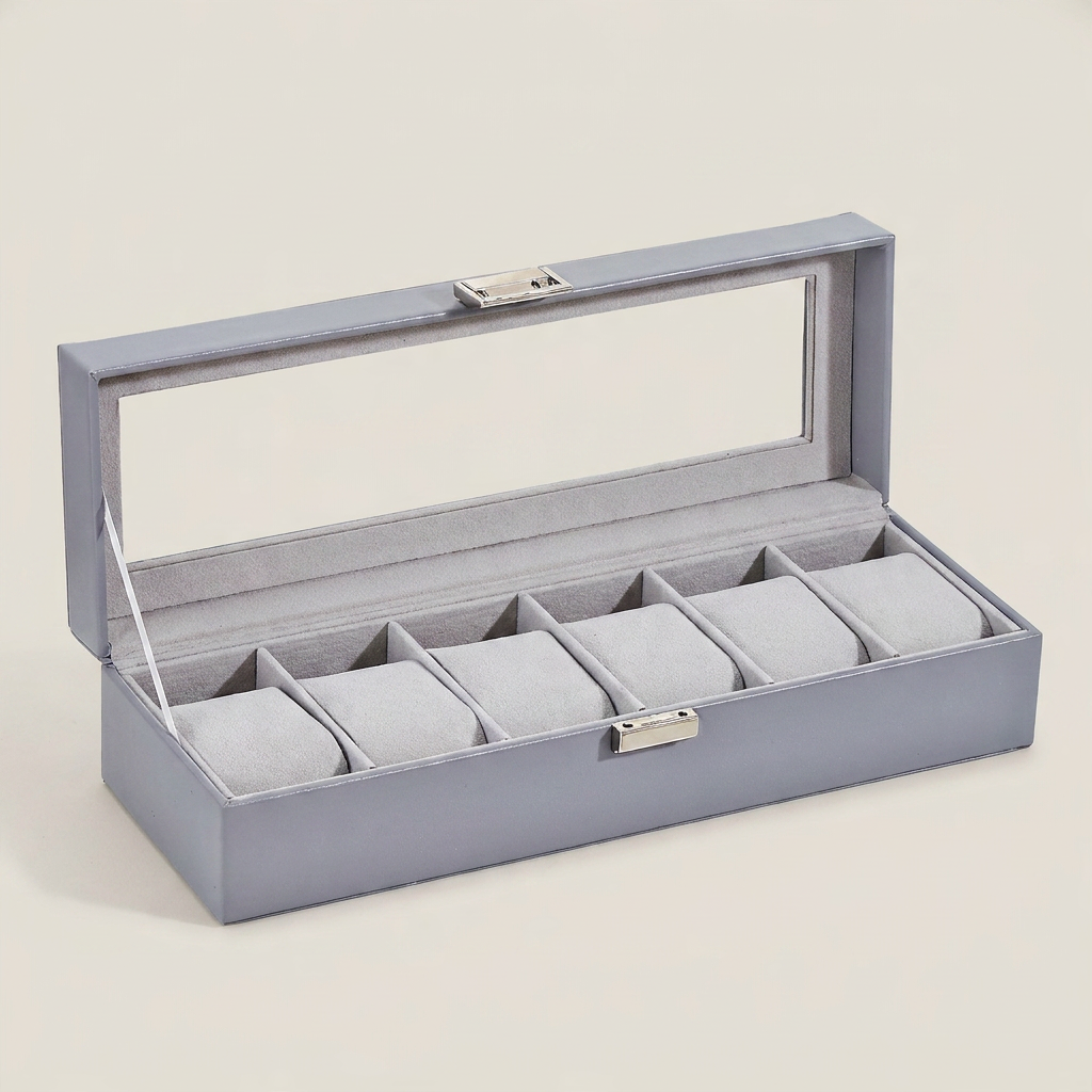 Close-up detail of stitched black PU leather and metal clasp on six-position single-layer watch box