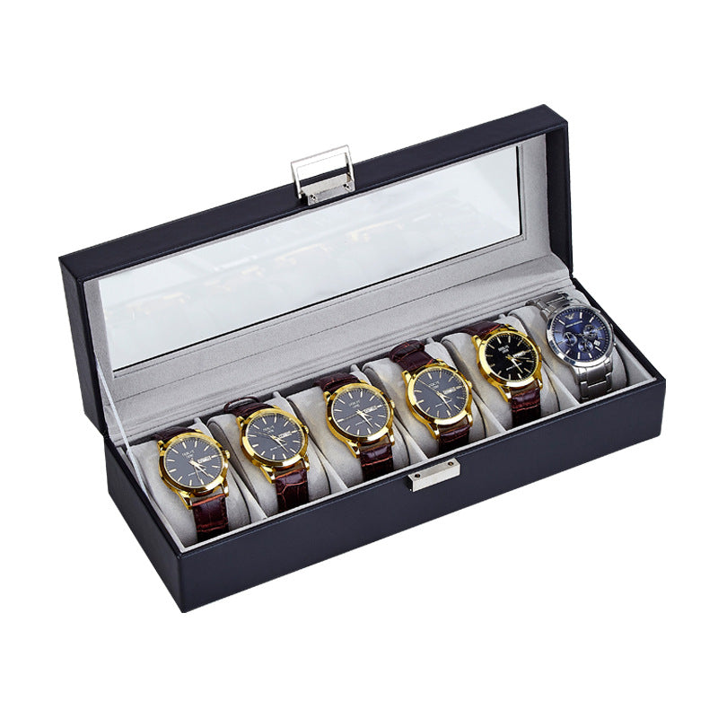 Close-up showing stitched edges and black PU leather finish on six-position single-layer watch storage box