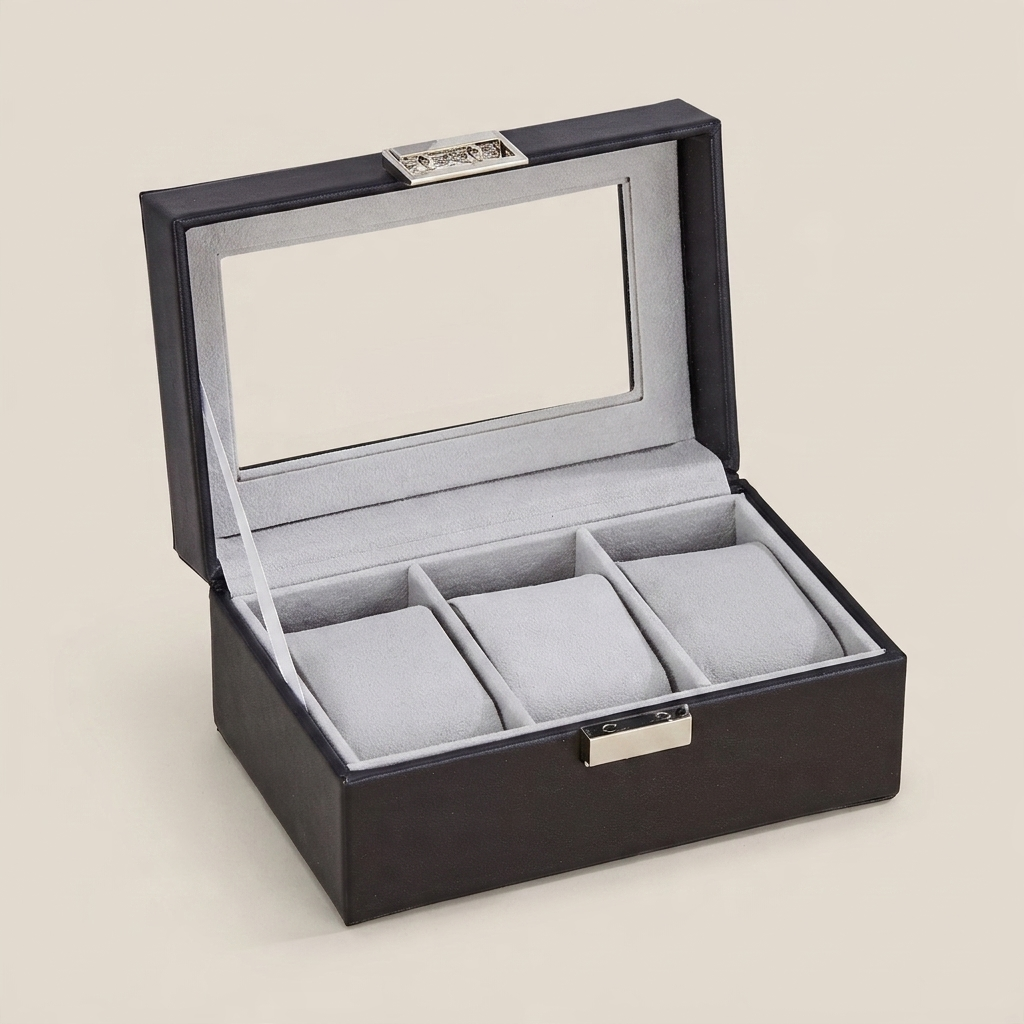 Three-quarter angle showing black PU leather watch box with lid open revealing gray fabric interior compartments