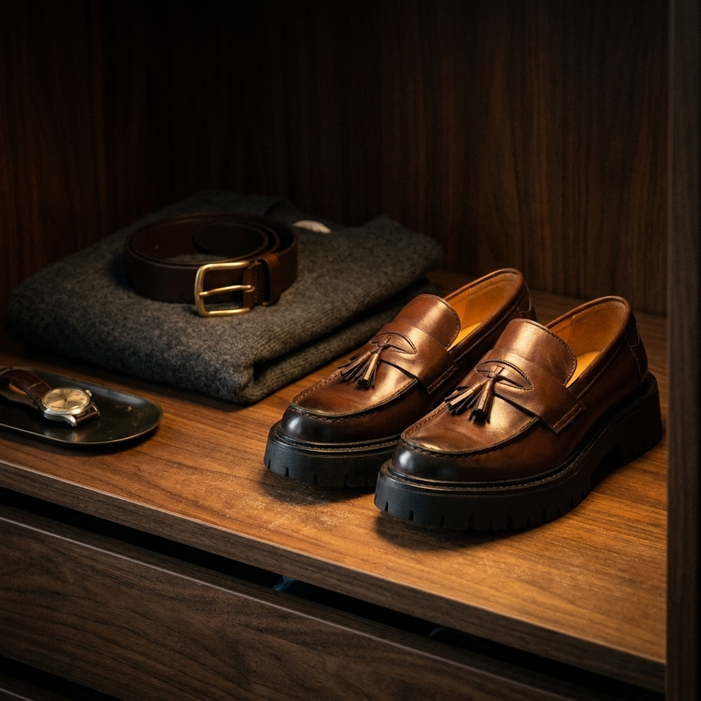 Close-up of buckle fastening on brown animal pattern foam rubber sole low cut flat heel tassel loafers
