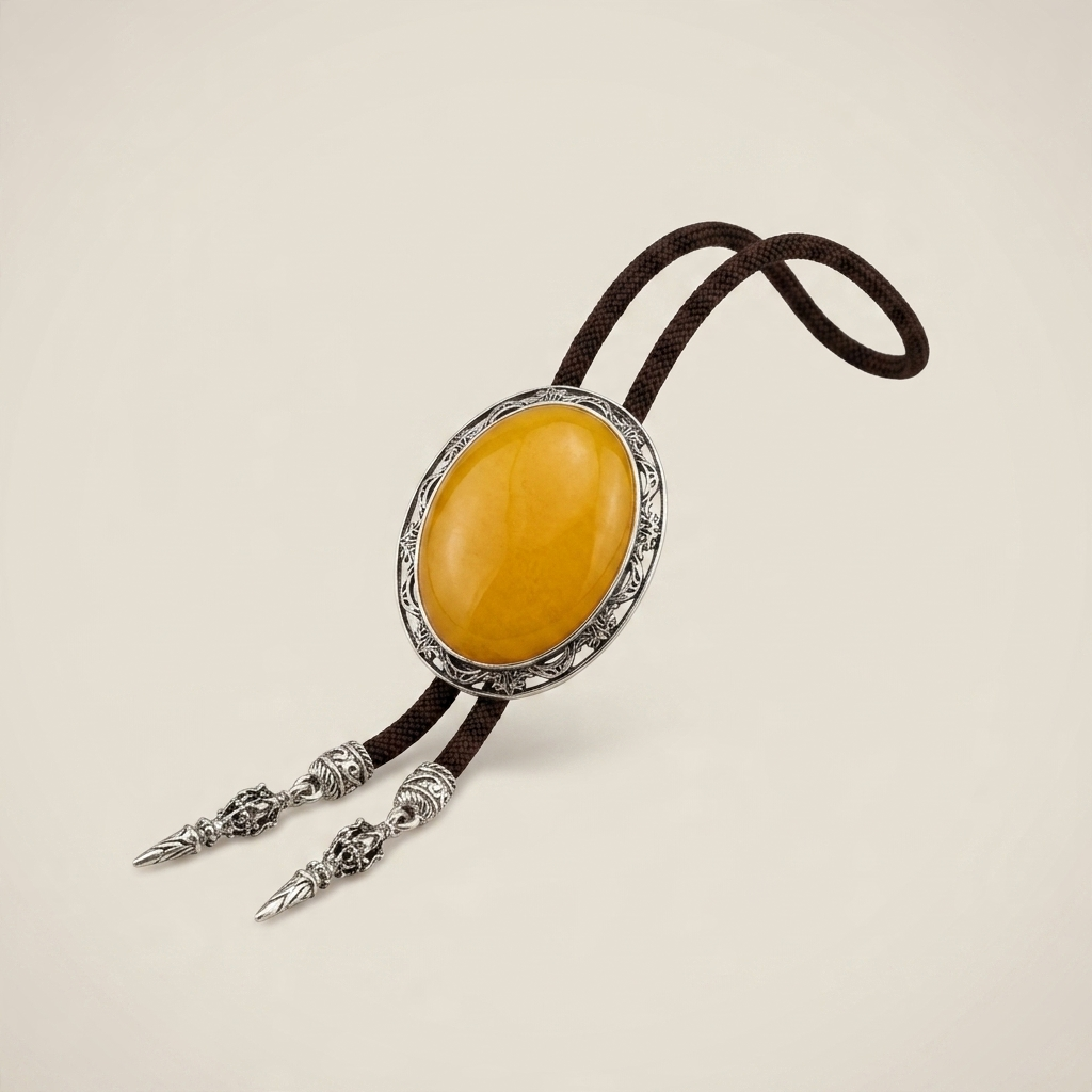 Close-up detail of black electroplated alloy bolo tie showing crystal centerpiece and shiny metal finish