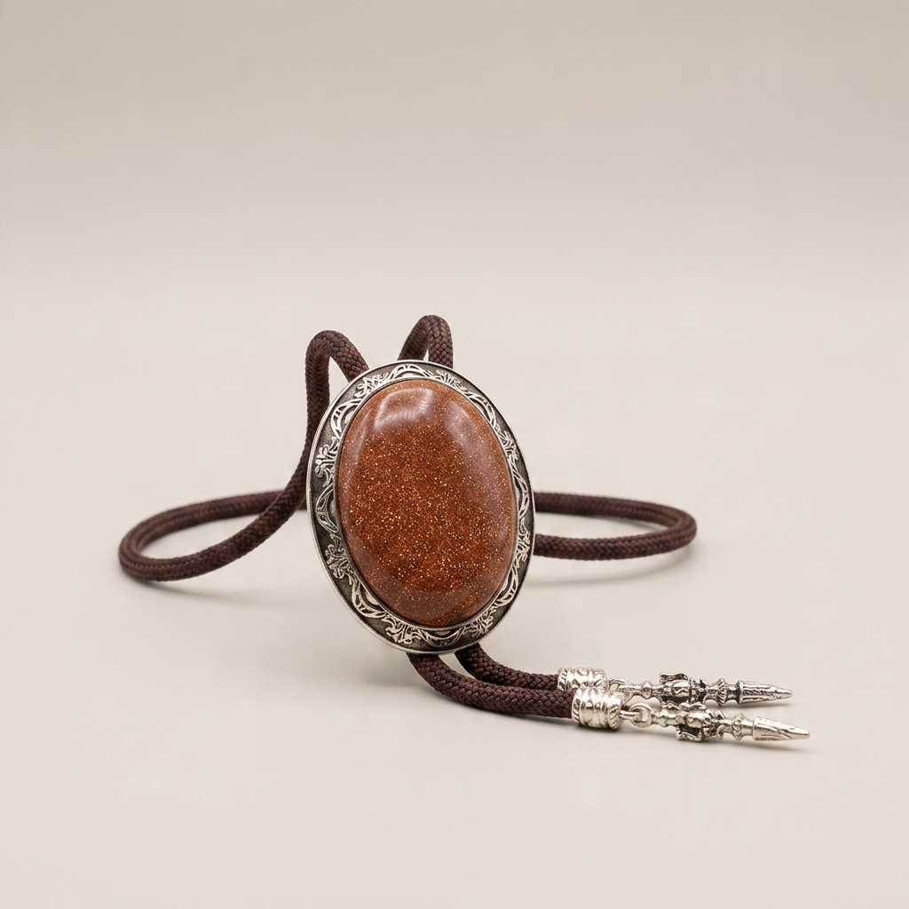 Close-up detail of red electroplated alloy bolo tie showing crystal centerpiece and coffee-colored sky rope cord