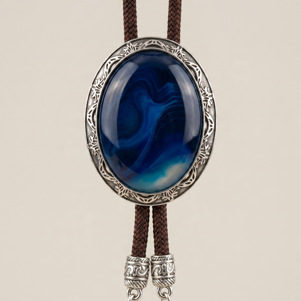 Front detail of blue electroplated alloy bolo tie showing crystal centerpiece and ultra-narrow clip-on closure