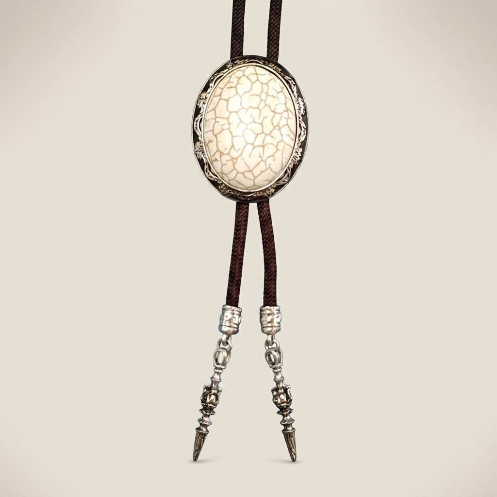 Front view of green electroplated alloy bolo tie with crystal centerpiece and coffee-colored sky rope cord