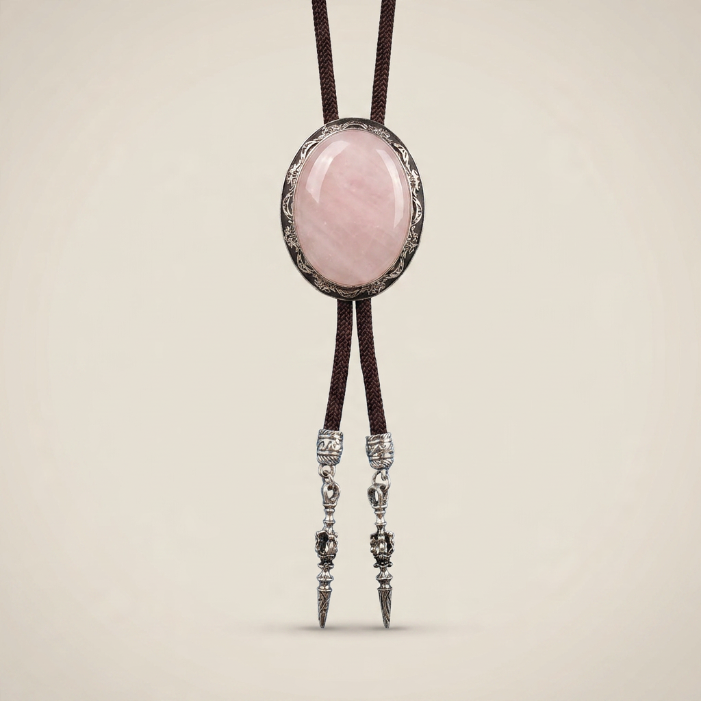 Front view of red electroplated alloy bolo tie with crystal centerpiece and coffee-colored sky rope cord