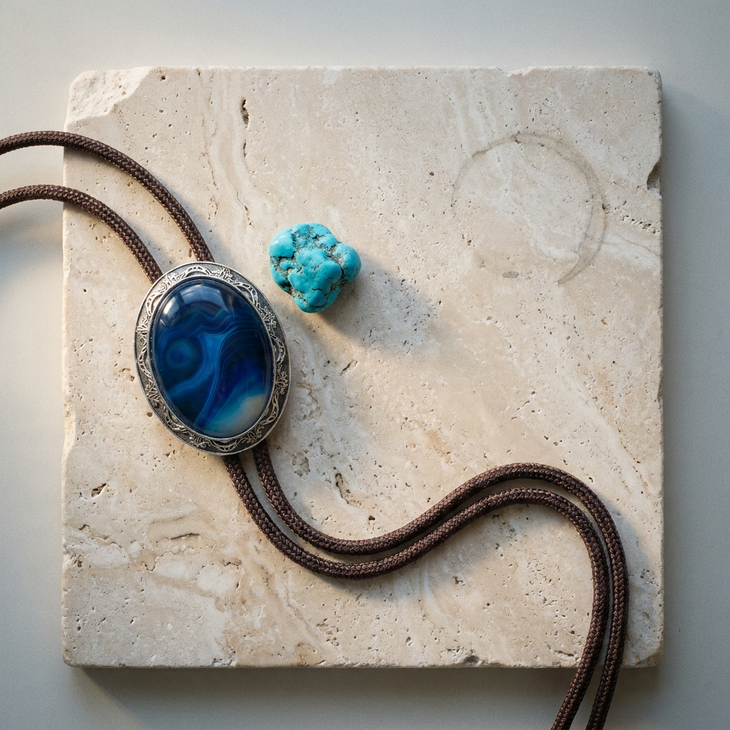 Blue electroplated alloy arrow-shaped bolo tie shown at three-quarter angle on wooden table with natural light and coffee-colored cord