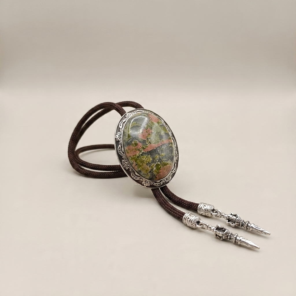 Brown electroplated alloy bolo tie shown at three-quarter angle with crystal centerpiece and coffee-colored cord