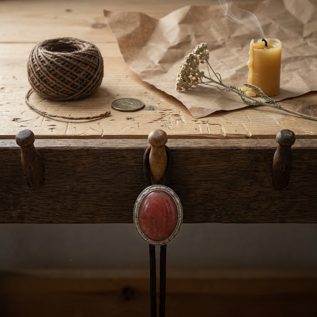 Top-down view of blue electroplated alloy bolo tie laid on desk showing coffee-colored sky rope cord