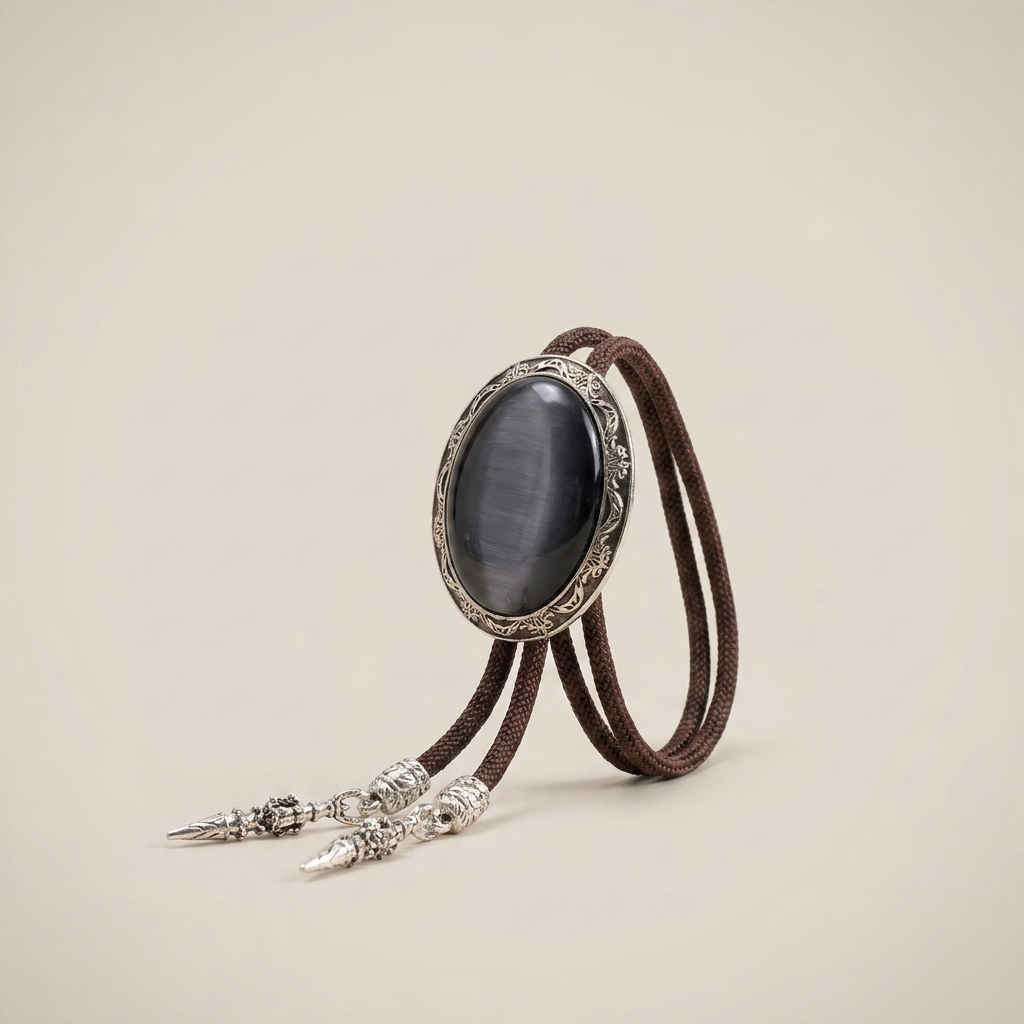 Side profile of pink electroplated alloy bolo tie with coffee-colored sky rope cord visible