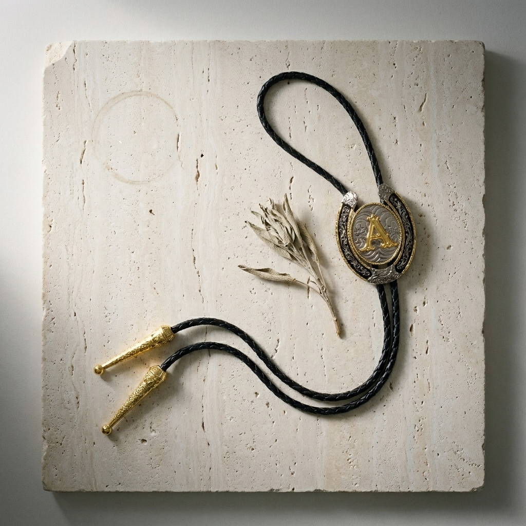 Electroplated alloy geometric bolo tie front view with genuine leather cord and silver-toned ferrules on neutral background