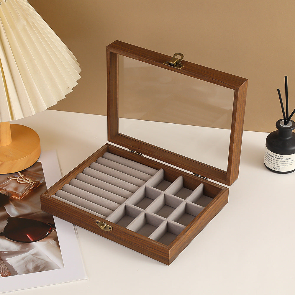 Gray 9-compartment jewelry storage box front view with transparent window and gray wood finish showing nine compartments